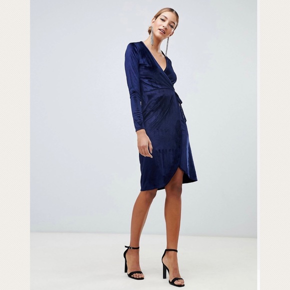 Boohoo Velvet Tie Waist Wrap Midi Dress- Navy - Picture 3 of 14